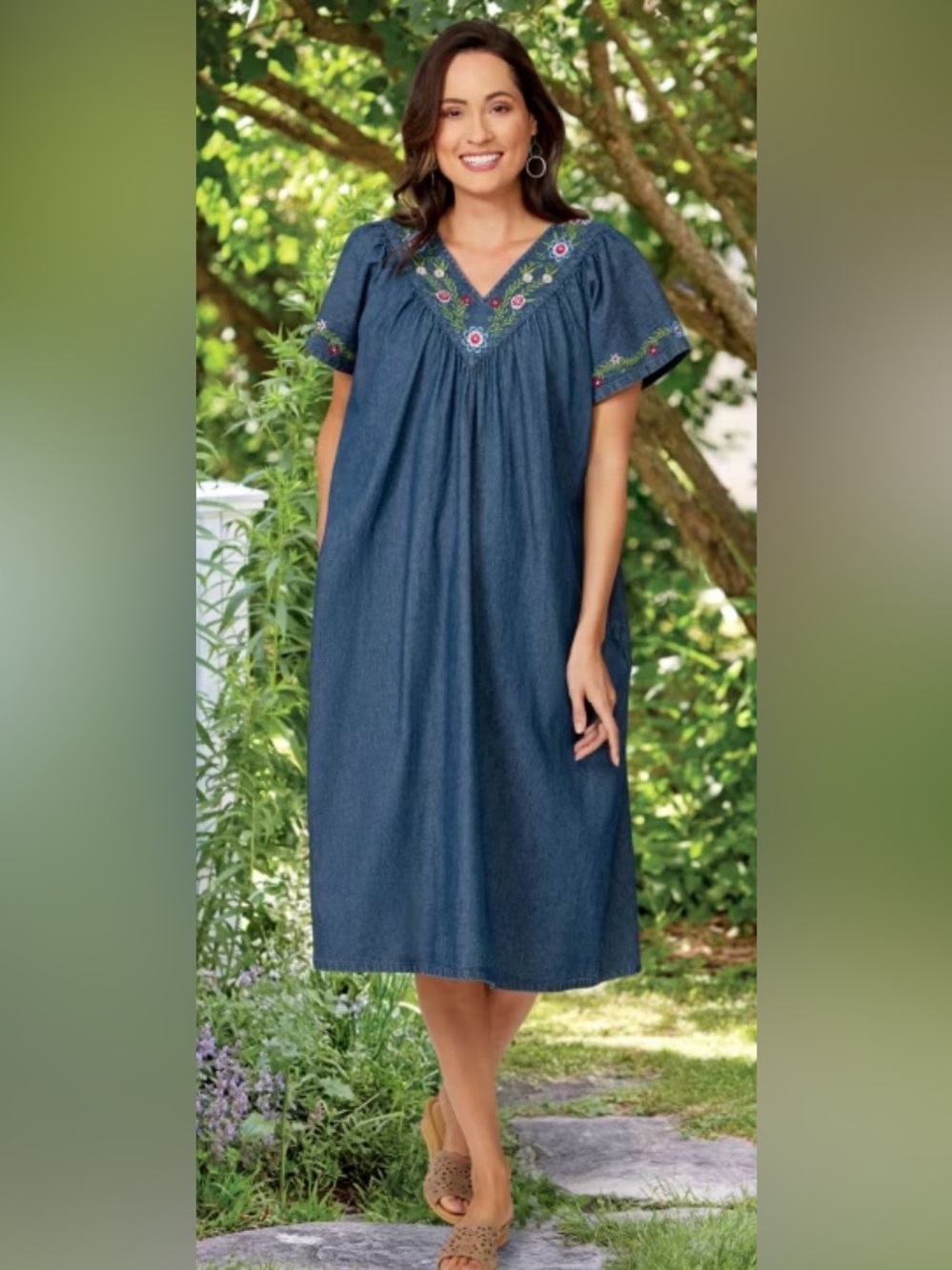 Vermont Country Store Denim Embroidered Dress Size 1X Mumu Jean Short Sleeve
